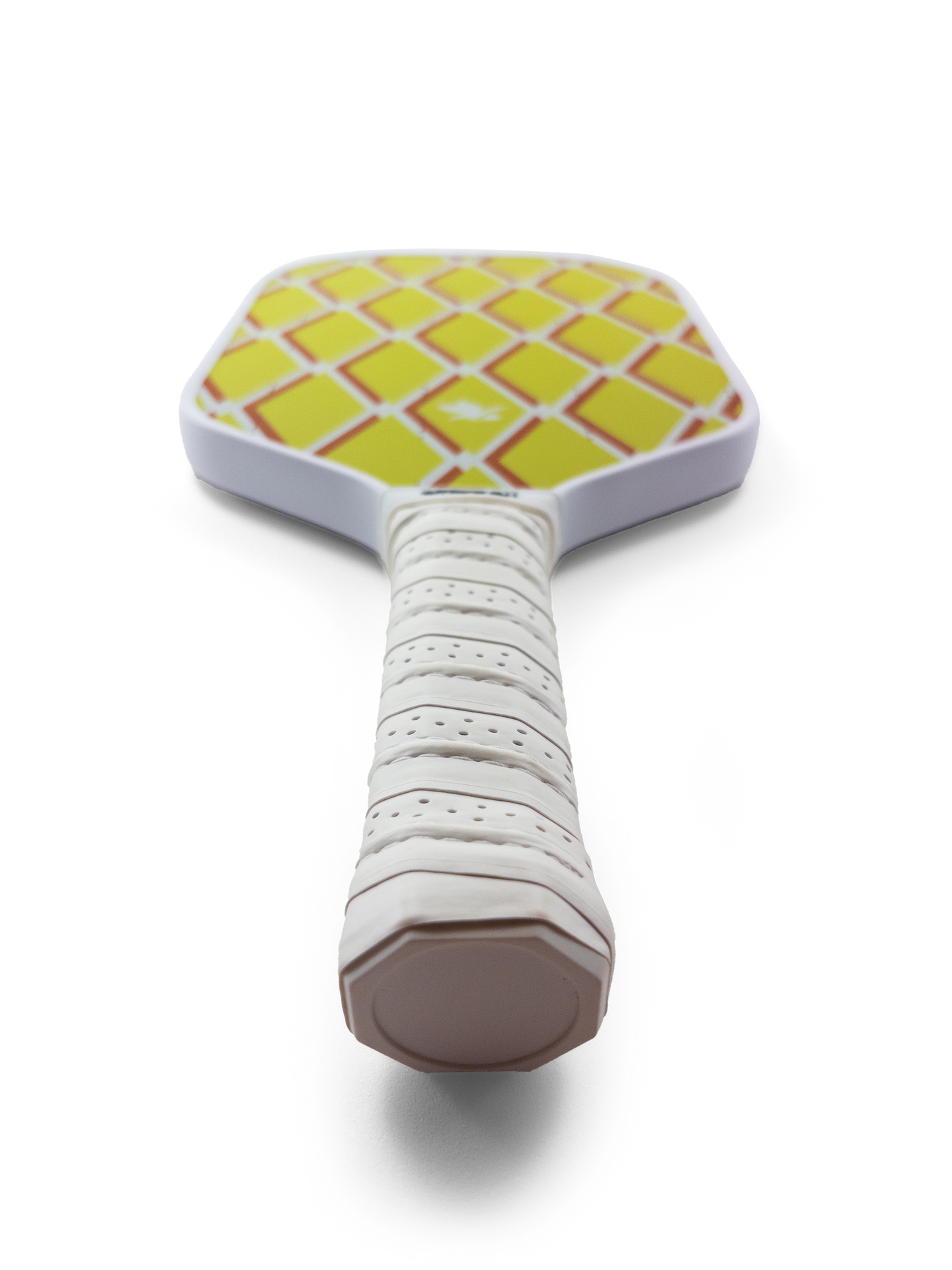 Bottom view of a checkered pattern yellow and orange Tisdell pickleball paddle with a moisture wicking grip.