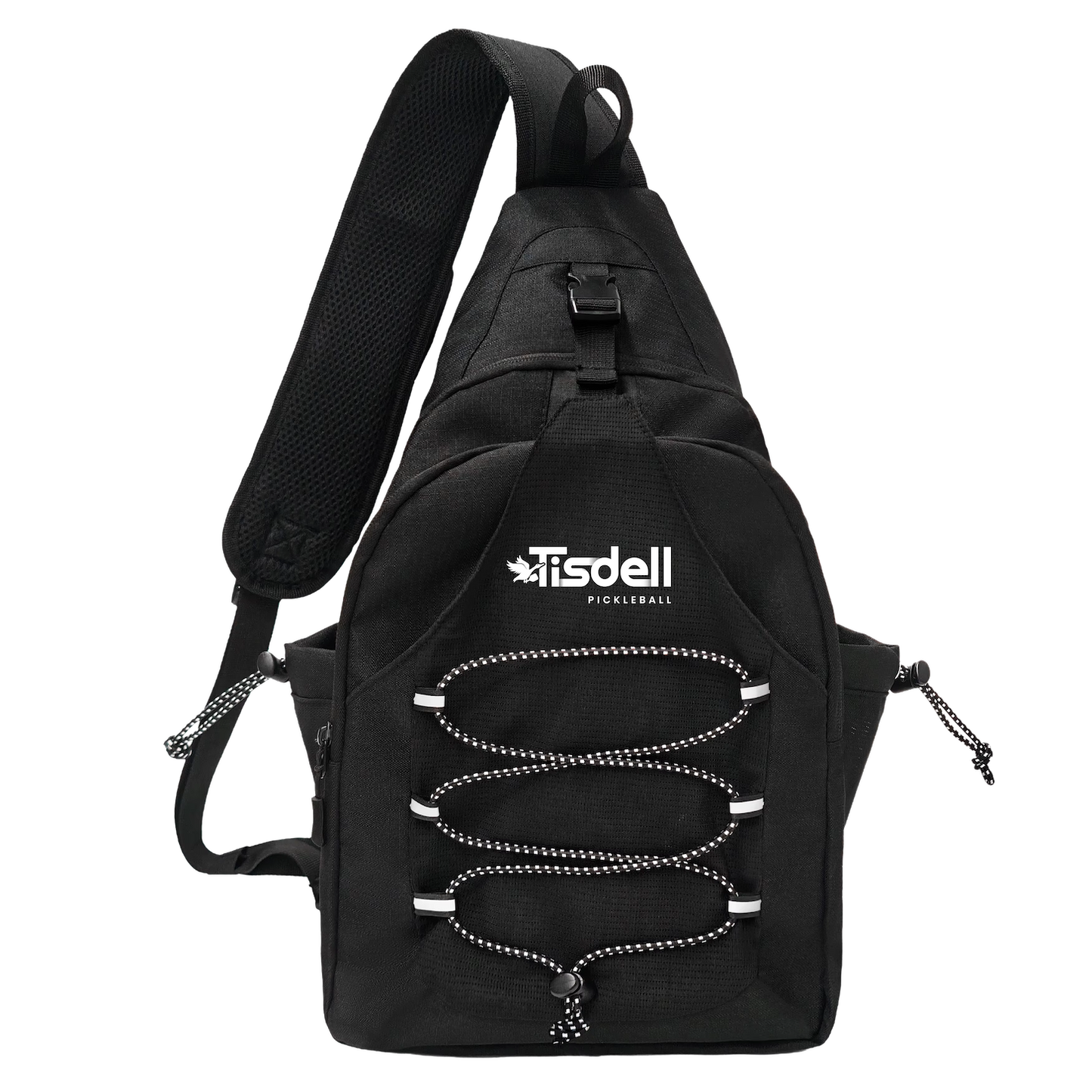 Black sling bag with visible brand logo on a white background