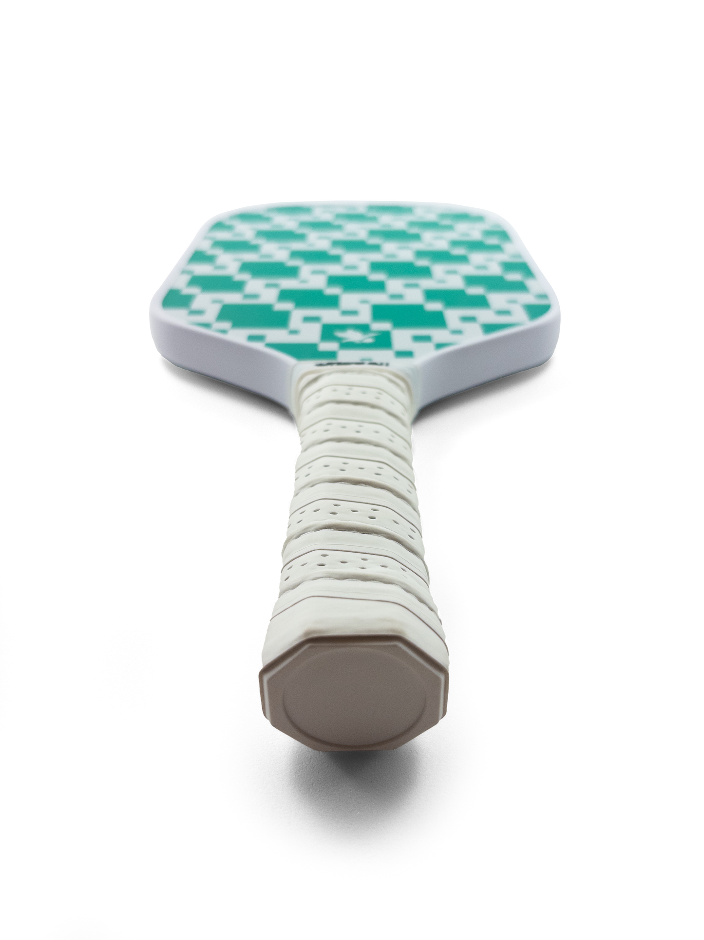Bottom view of a green checkered 16mm Tisdell pickleball paddle with a 4.5" moisture wicking grip.