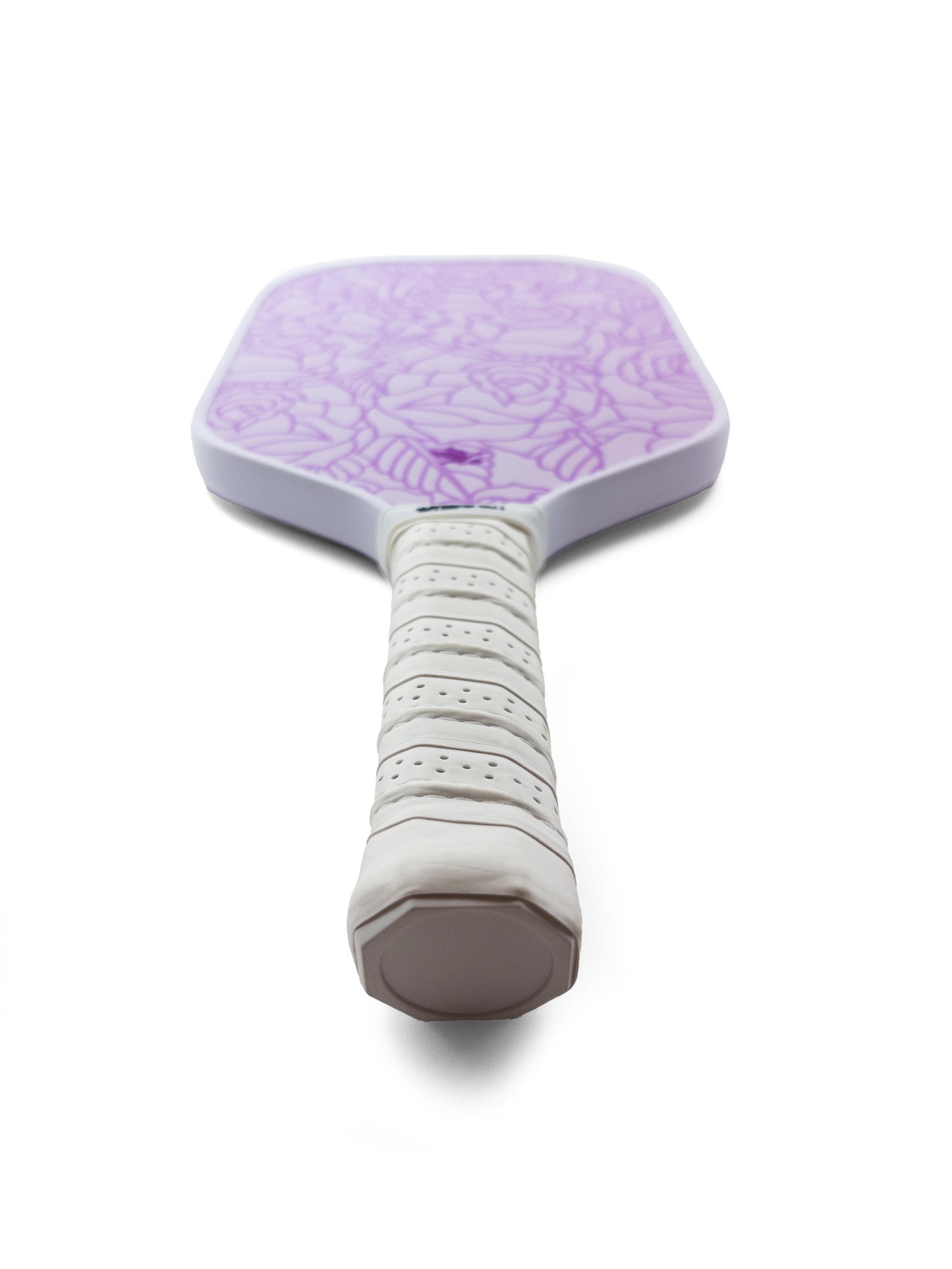 Detailed view of a purple and pink rose pattern 16mm pickleball paddle with white handle.