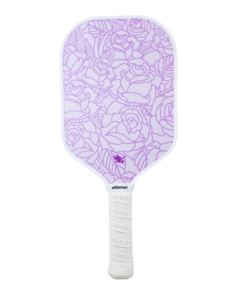 Purple and pink rose pattern 16mm pickleball paddle with a carbon fiber surface.