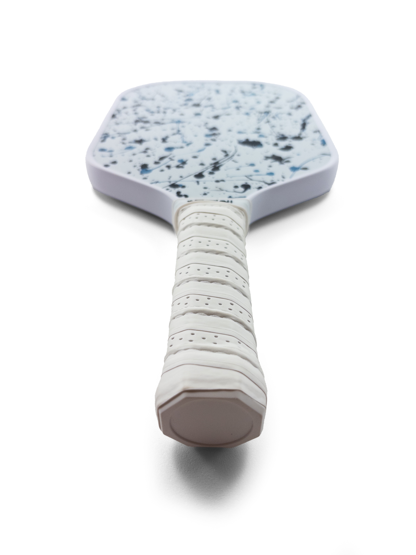 Bottom view of a 16mm Tisdell Pickleball paddle with blue and black abstract paint splatter design and a white handle.