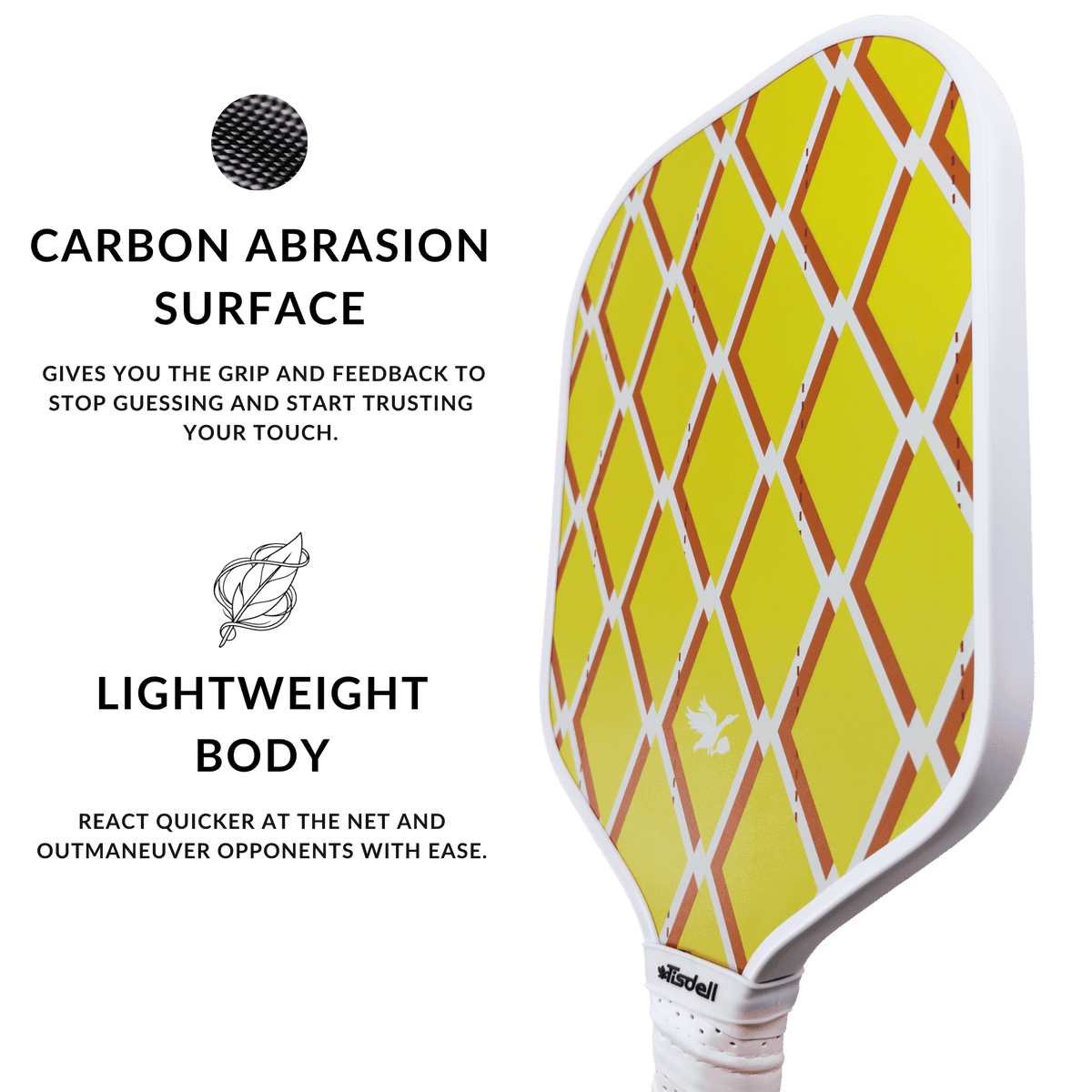 Pickleball paddle with feature text on a white background