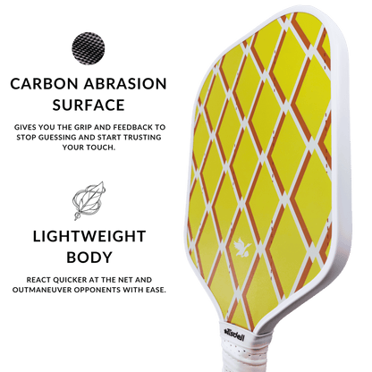 Pickleball paddle with feature text on a white background