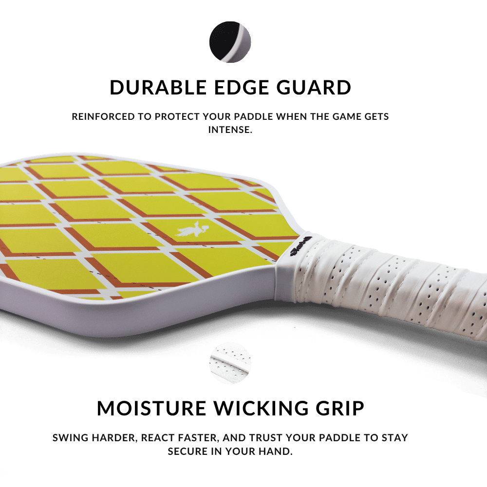 Paddle with argyle yellow checkered design on a white background