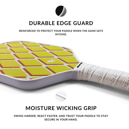 Paddle with argyle yellow checkered design on a white background