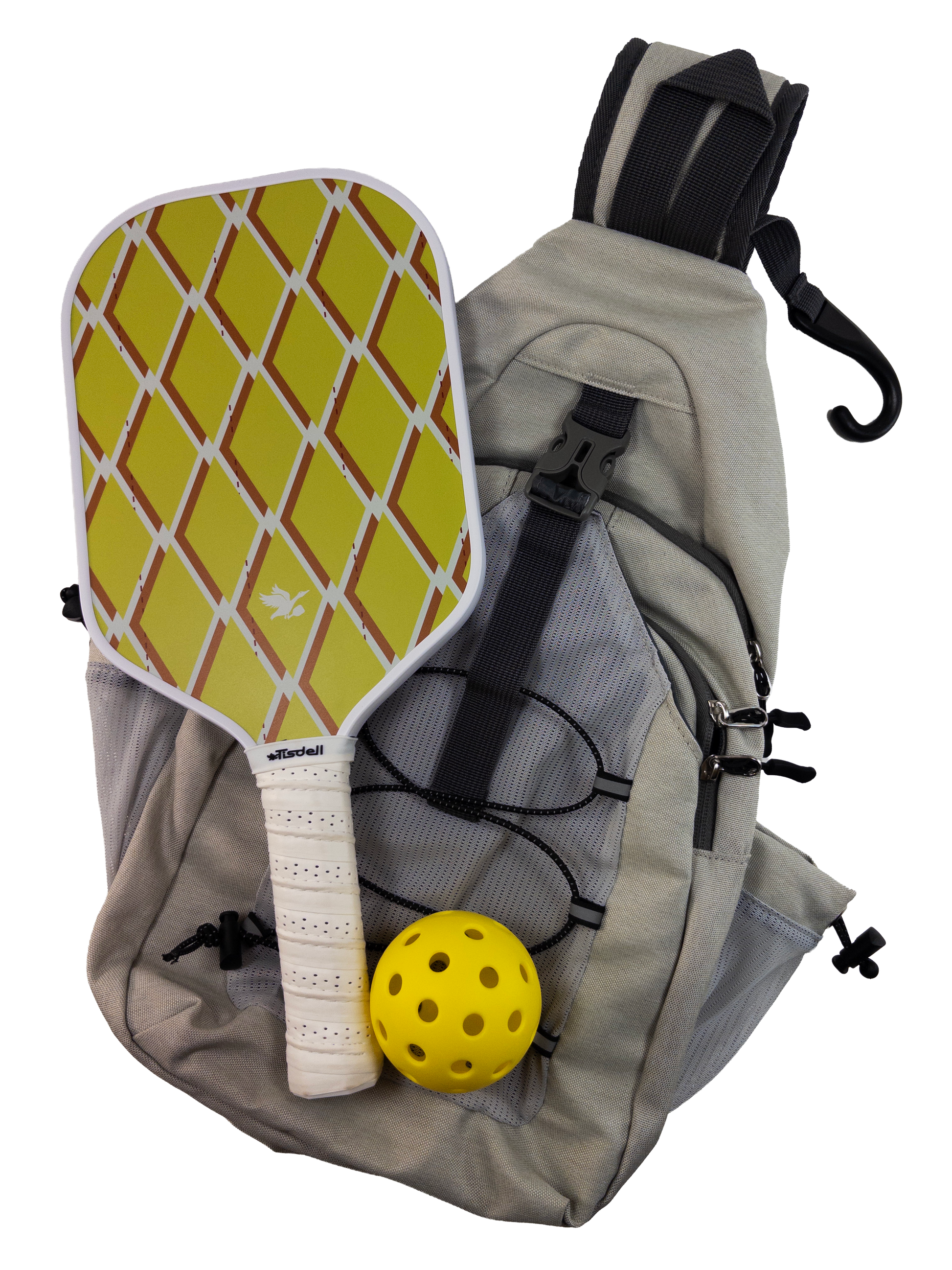 Gray sling bag with Argyle pickleball paddle and ball on a white background
