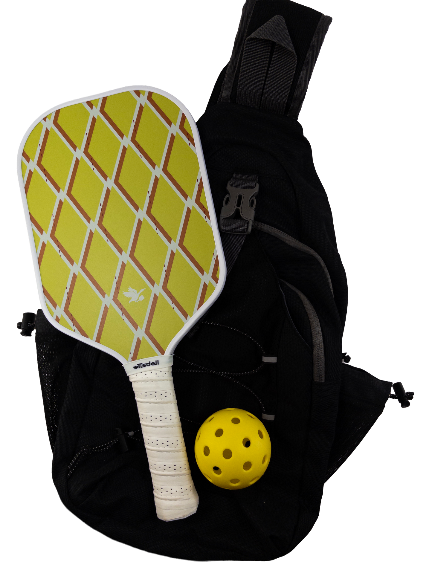 Pickleball paddle with checkered design and yellow ball inside a black bag on a white background