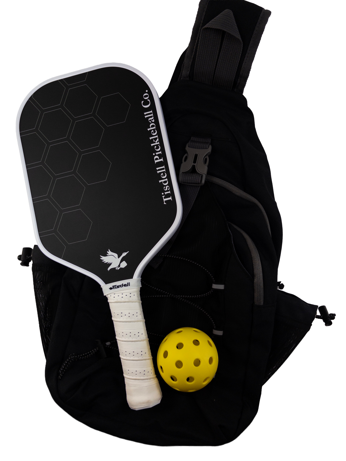 Black pickleball paddle and yellow ball with a black bag on a white background