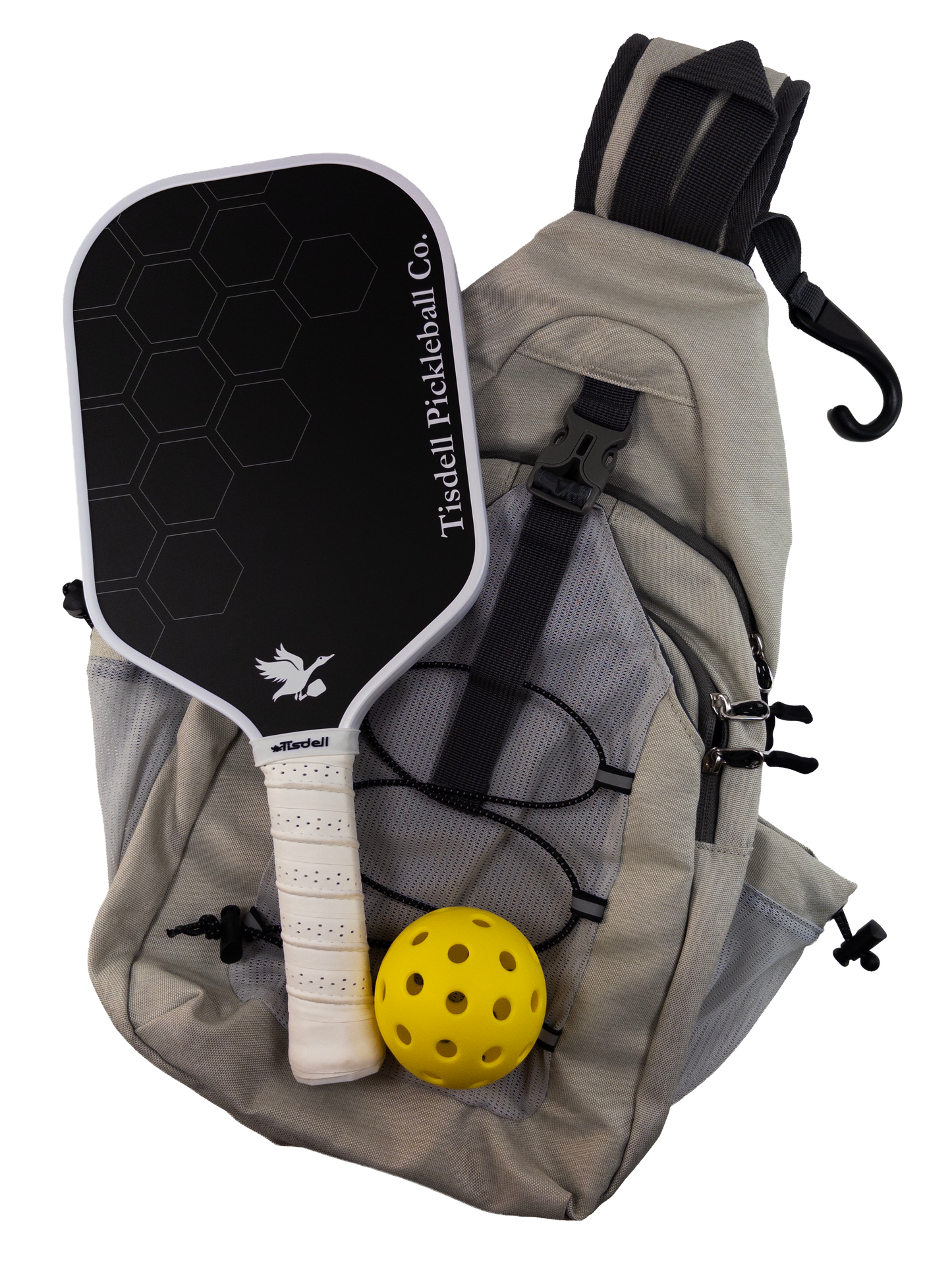 Pickleball paddle and ball with a bag on a white background