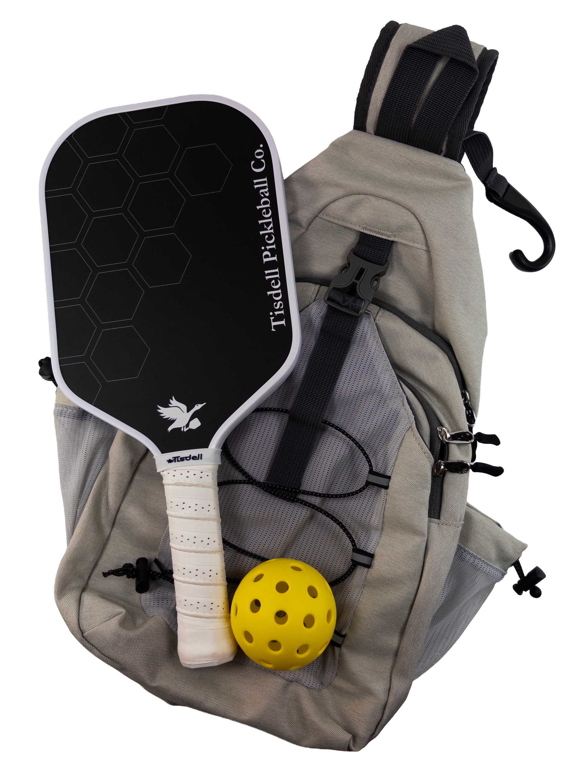 Pickleball paddle and ball with a bag on a white background