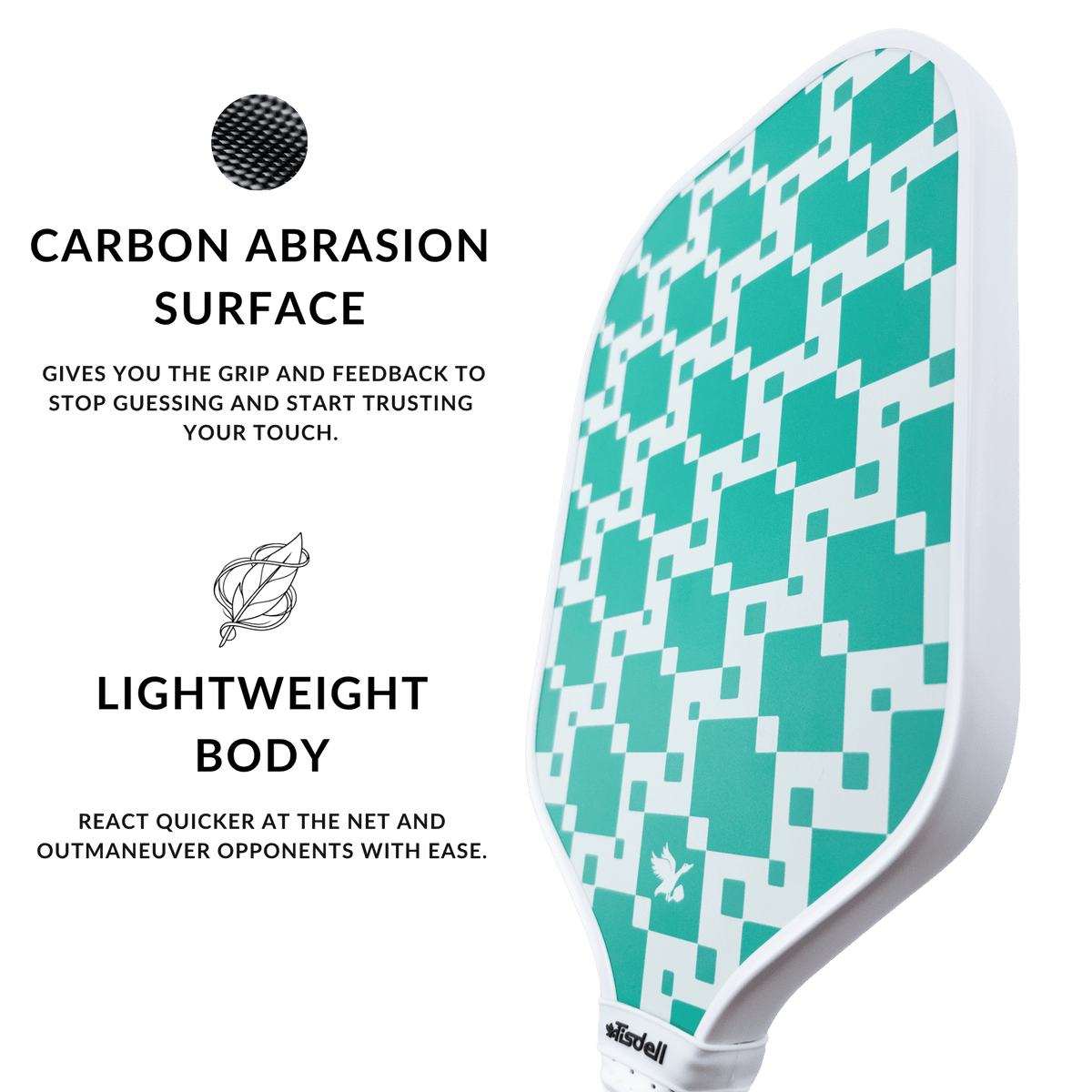 Pickleball paddle with green and white pattern on a white background