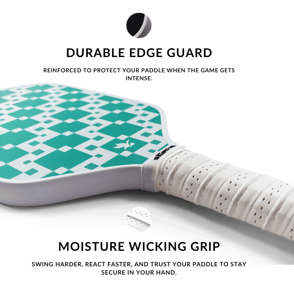 Pickleball paddle with text highlighting durable edge guard and moisture wicking properties on a white background.