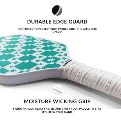Pickleball paddle with text highlighting durable edge guard and moisture wicking properties on a white background.