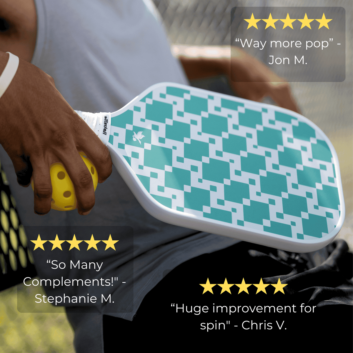 Person holding a paddle with green geometric pattern, surrounded by five-star reviews.