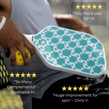 Person holding a paddle with green geometric pattern, surrounded by five-star reviews.