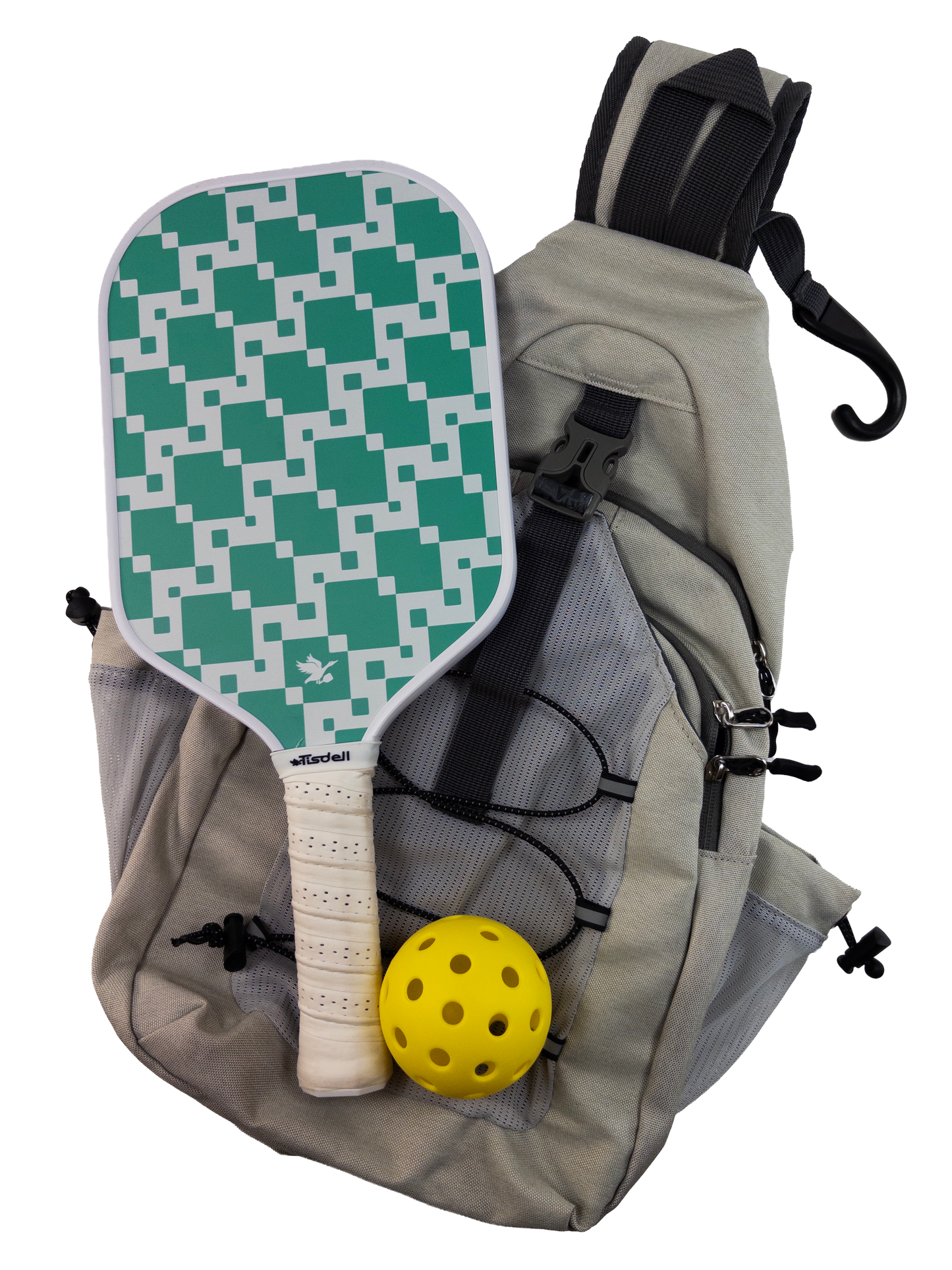 Gray backpack with a green and white checkered paddle and yellow ball on a white background