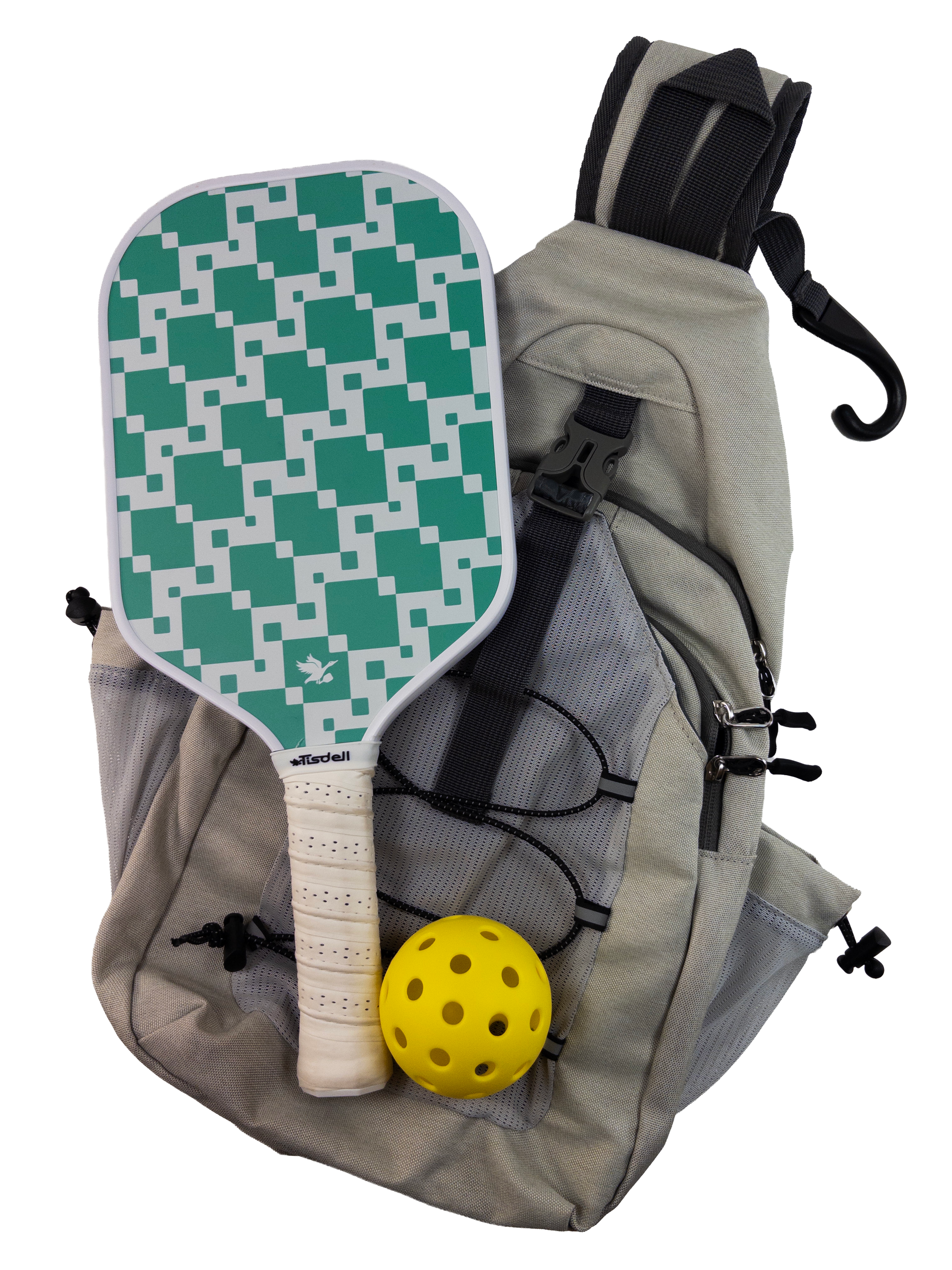 Gray backpack with a green and white checkered paddle and yellow ball on a white background