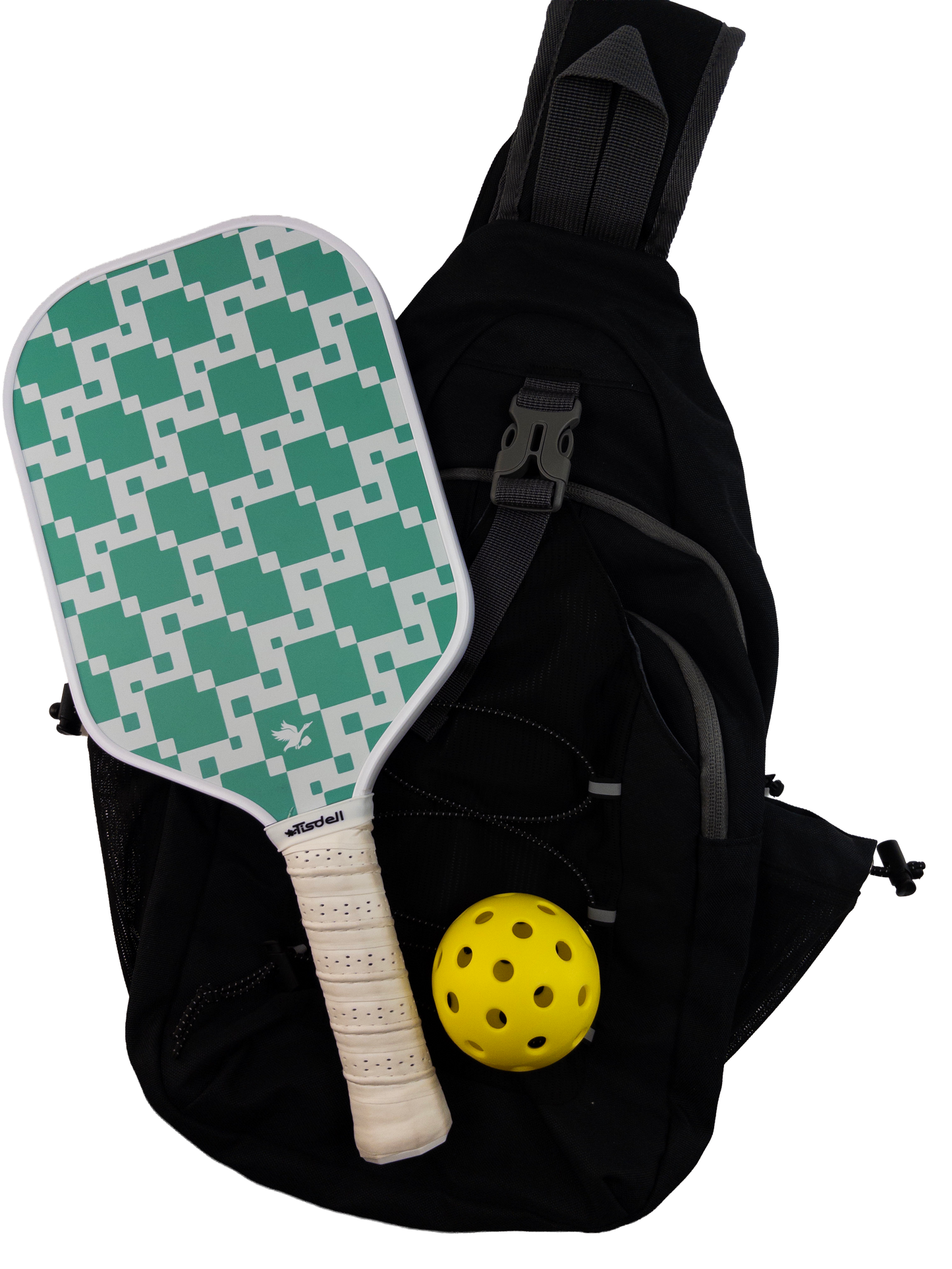 Green and white paddle with geometric knitpattern, yellow ball, and black bag on a white background