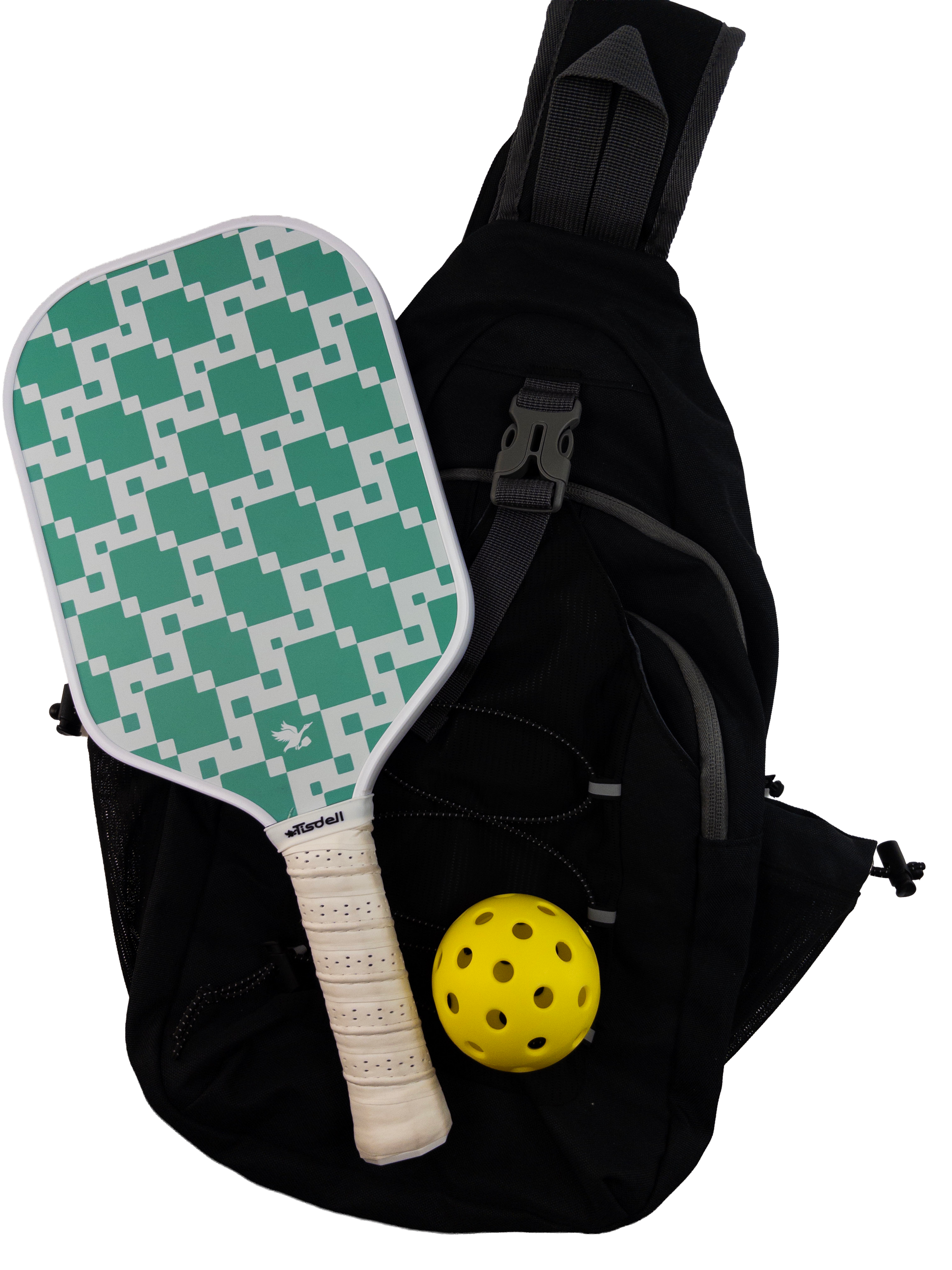 Green and white paddle with geometric knitpattern, yellow ball, and black bag on a white background