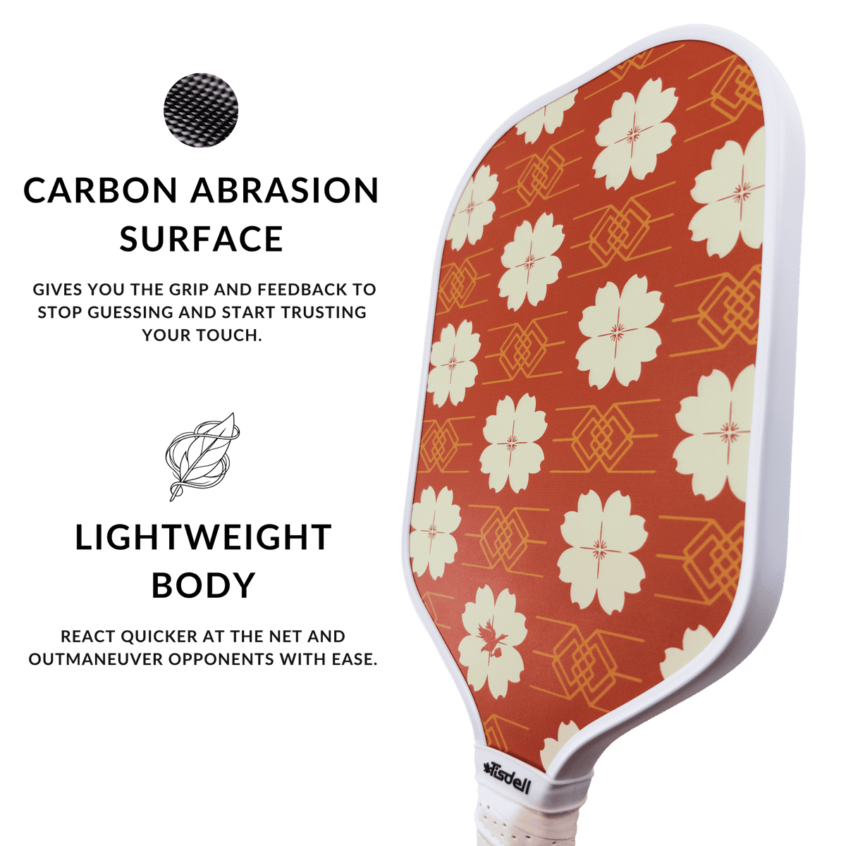 Pickleball paddle with red floral pattern on a white background