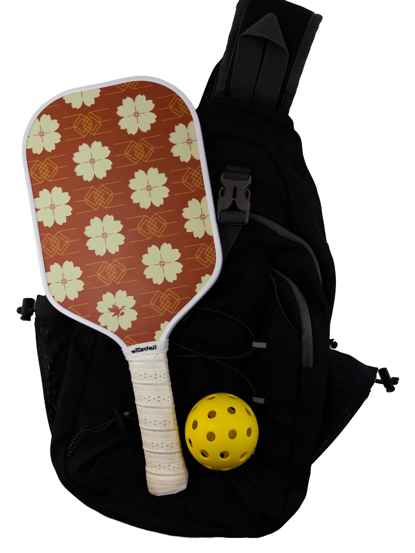 Pickleball paddle with floral design and yellow ball inside a black bag on a white background