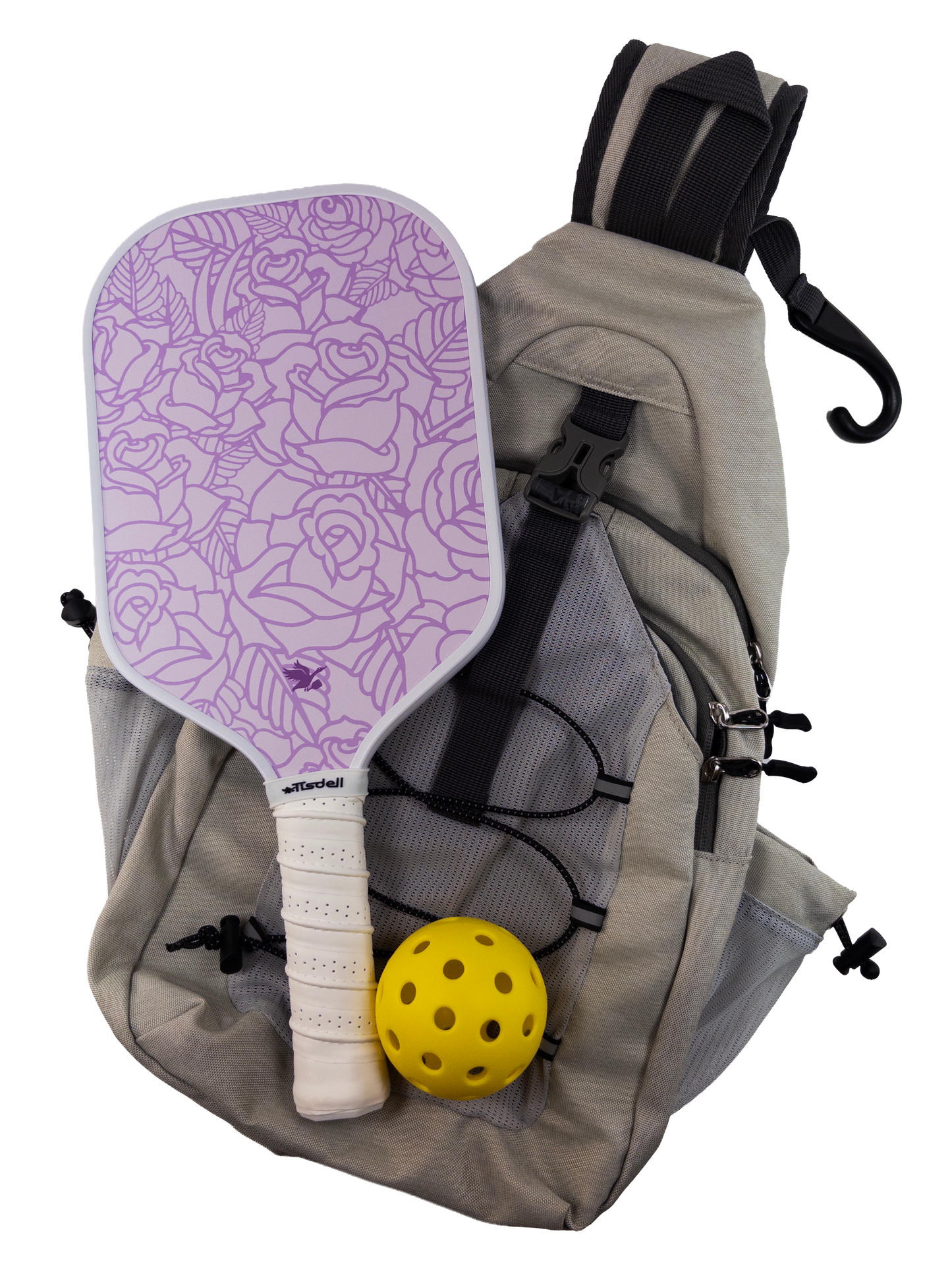 Backpack with rose paddle and yellow ball on a white background