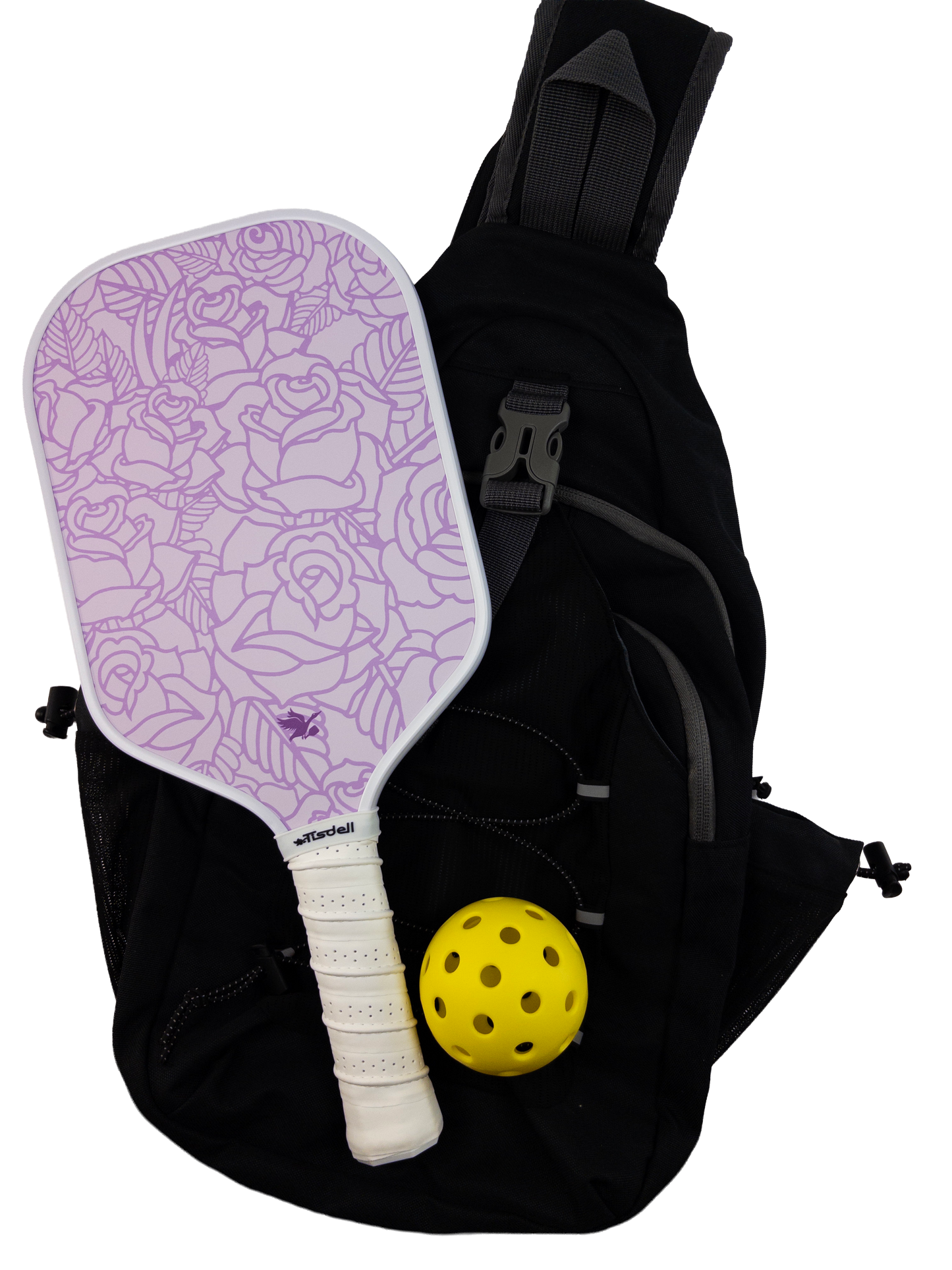 Purple paddle with white handle and yellow ball on a black bag