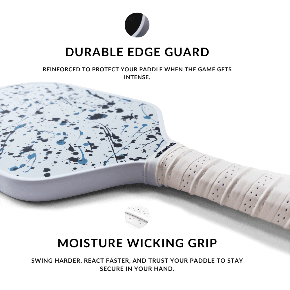 White paddle with blue and black abstract design on a white background