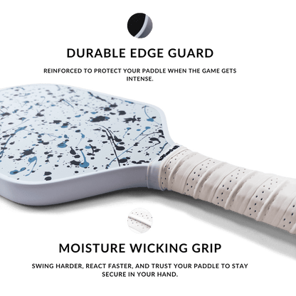White paddle with blue and black abstract design on a white background