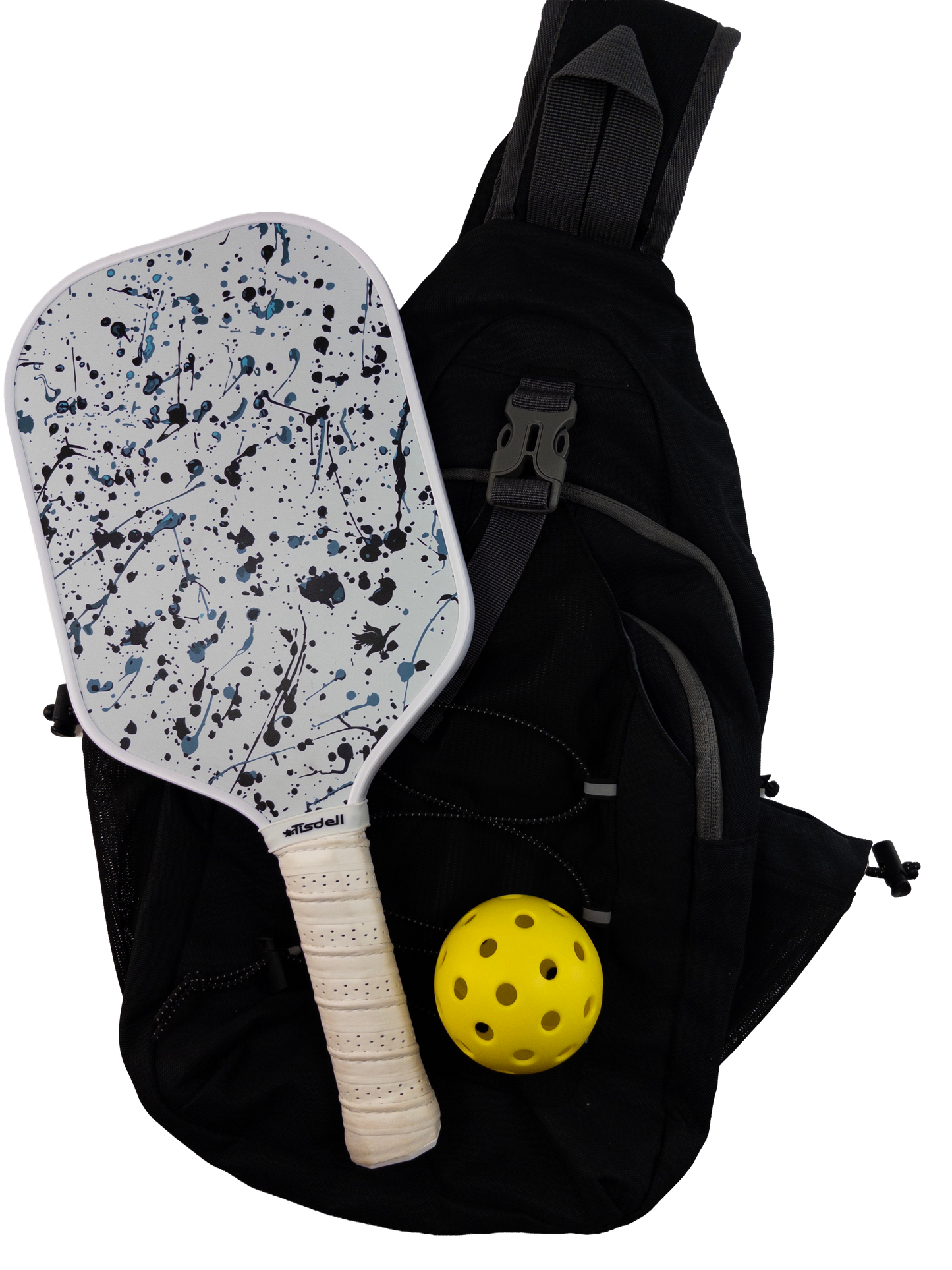 Black backpack with a Splatter pickleball paddle and yellow ball on a white background