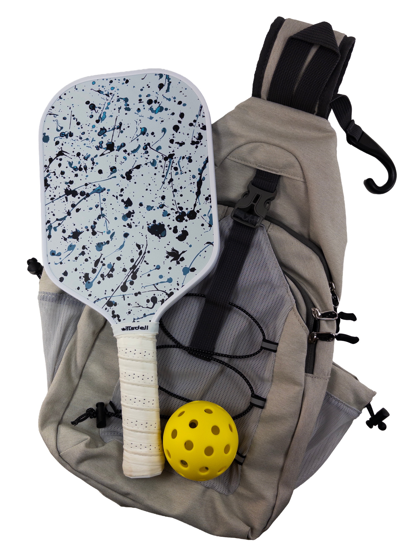 Backpack with a splatter pickleball paddle and ball on a white background