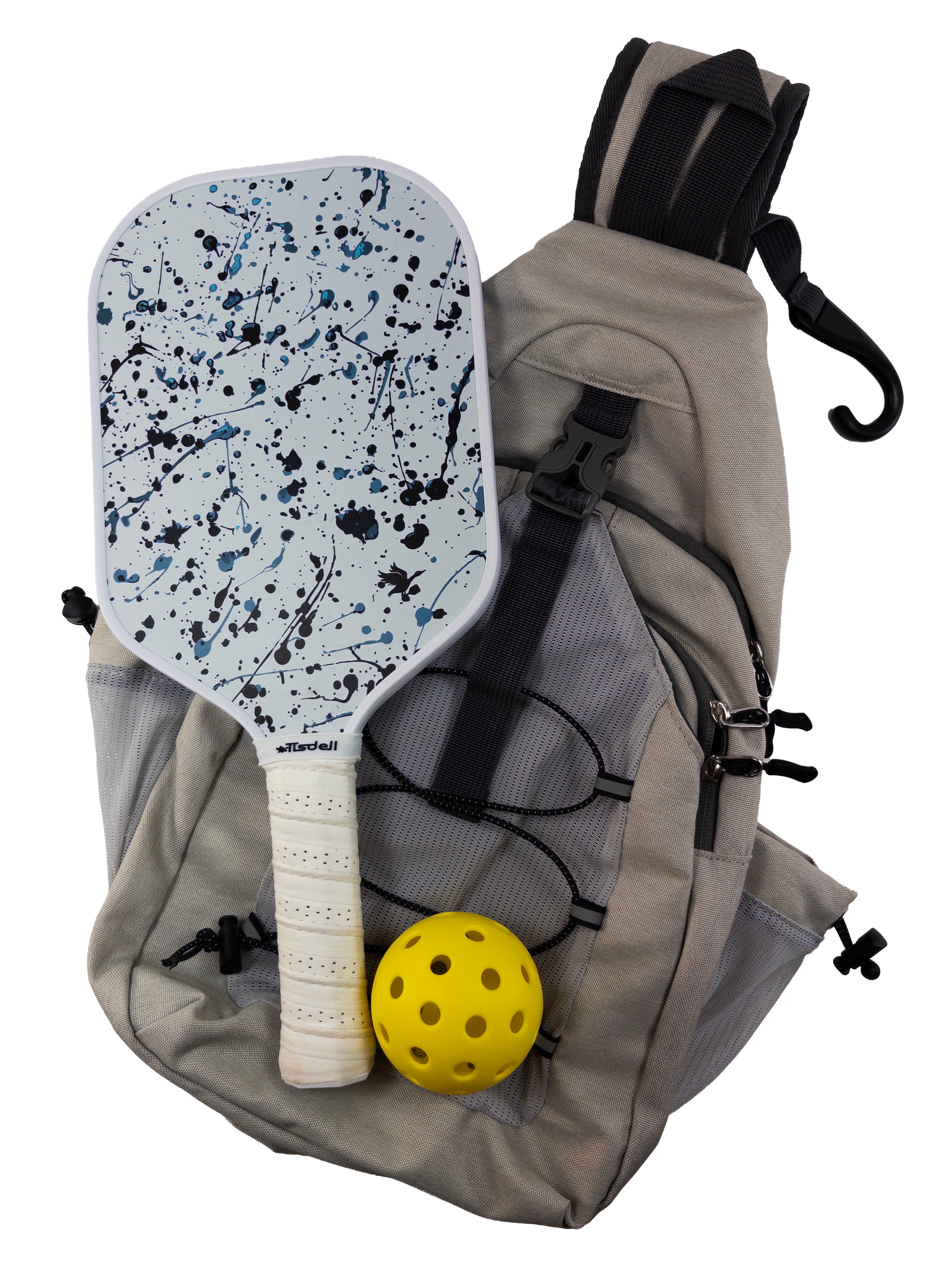 Backpack with a splatter pickleball paddle and ball on a white background