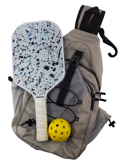 Backpack with a splatter pickleball paddle and ball on a white background