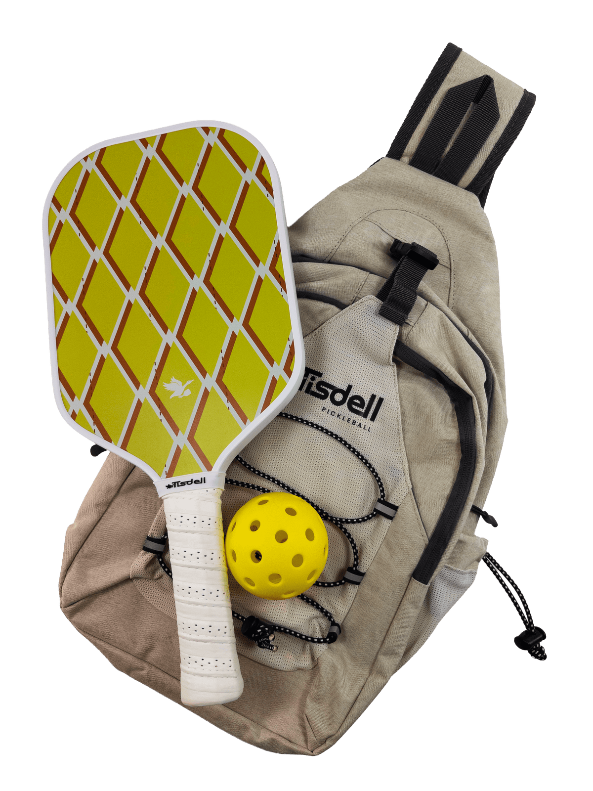 Pickleball paddle with yellow and white design, yellow ball, and beige bag on a transparent background