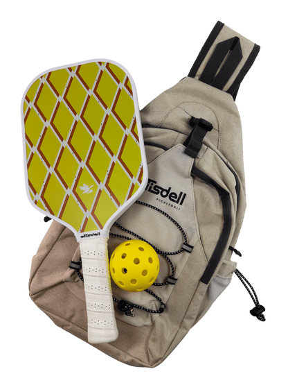 Pickleball paddle with yellow and white design, yellow ball, and beige bag on a transparent background