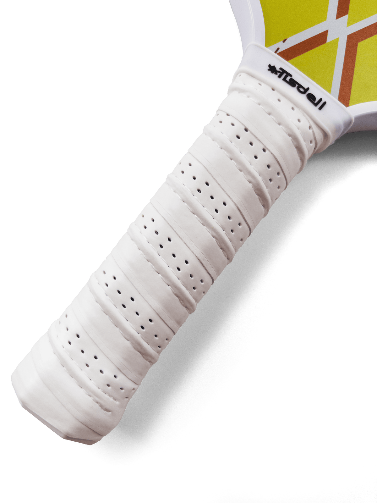 Close-up of a pickleball paddle handle with a white grip and visible brand logo on a white background.
