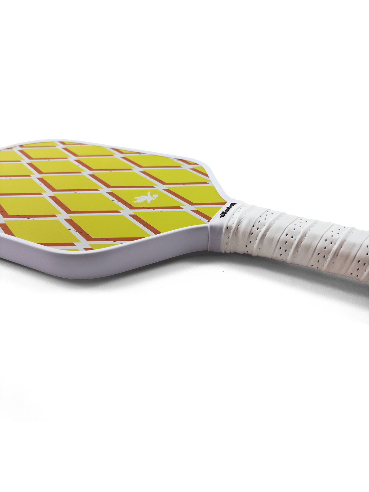 Pickleball paddle with yellow and red checkered design on a white background