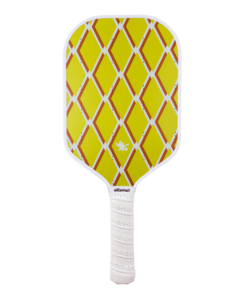 Yellow pickleball paddle with a white handle on a white background