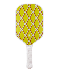 Yellow pickleball paddle with a white handle on a white background
