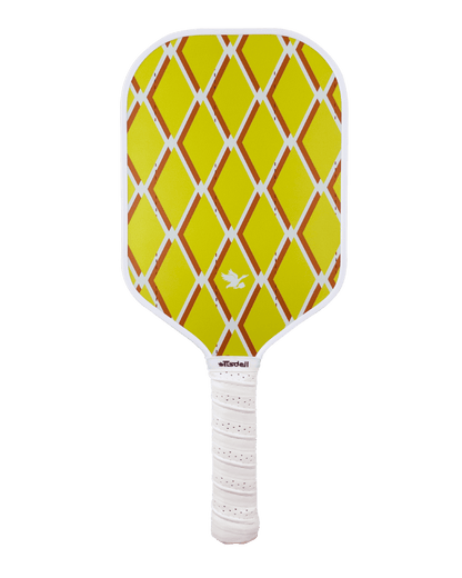 Yellow pickleball paddle with a white handle on a white background