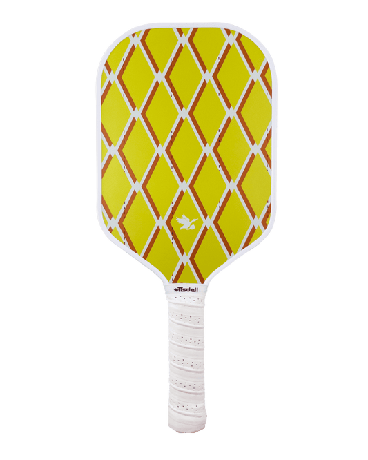 Yellow pickleball paddle with a white handle on a white background