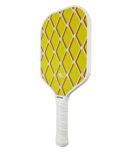 Yellow pickleball paddle with a white handle on a transparent background