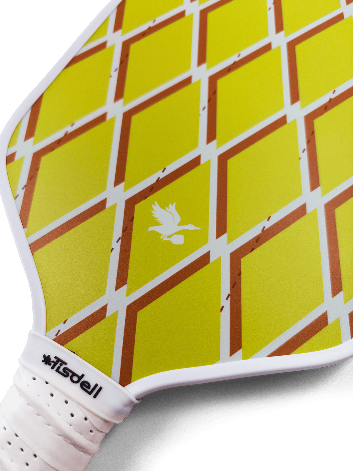 Yellow and red patterned paddle with Tisdell branding on a white background