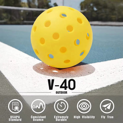 6-Pack Pickleball Balls spec sheet with details such as consistent bounce and high visibility.