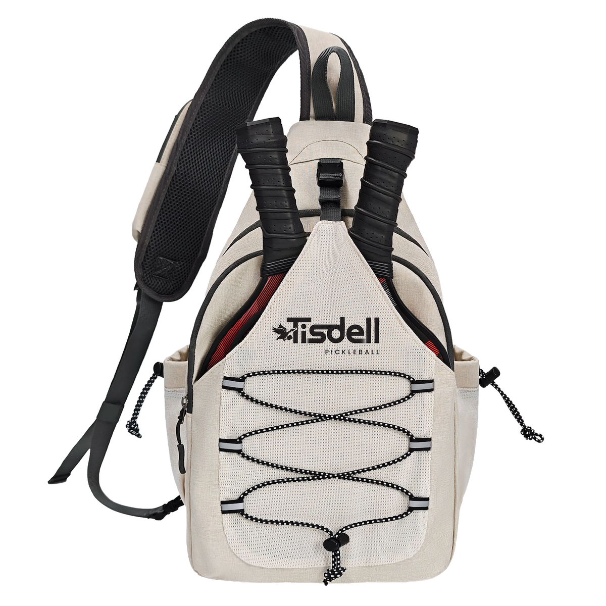 Beige pickleball backpack with black straps on a white background