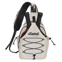 Beige pickleball backpack with black straps on a white background