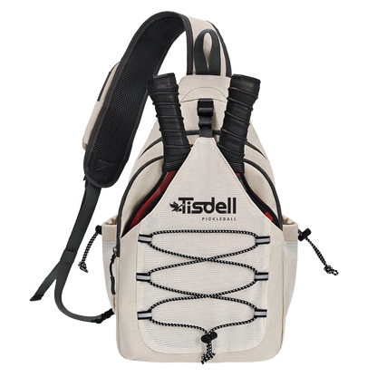 Beige pickleball backpack with black straps on a white background