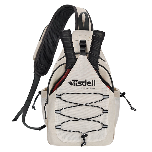 Beige pickleball backpack with black straps on a white background