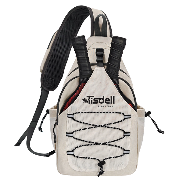 Beige pickleball backpack with black straps on a white background